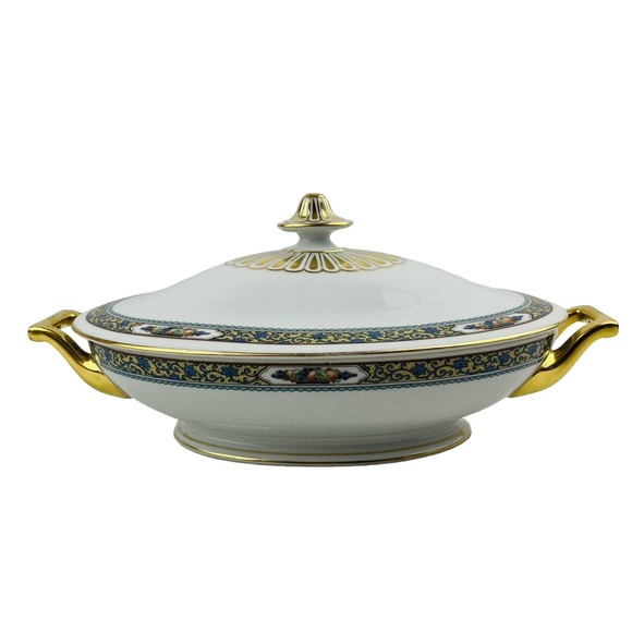Thomas Bavaria Harvest Oval Covered Vegetable Dish Fruit Blue Scrolls Gold Rim - Picture 1 of 12